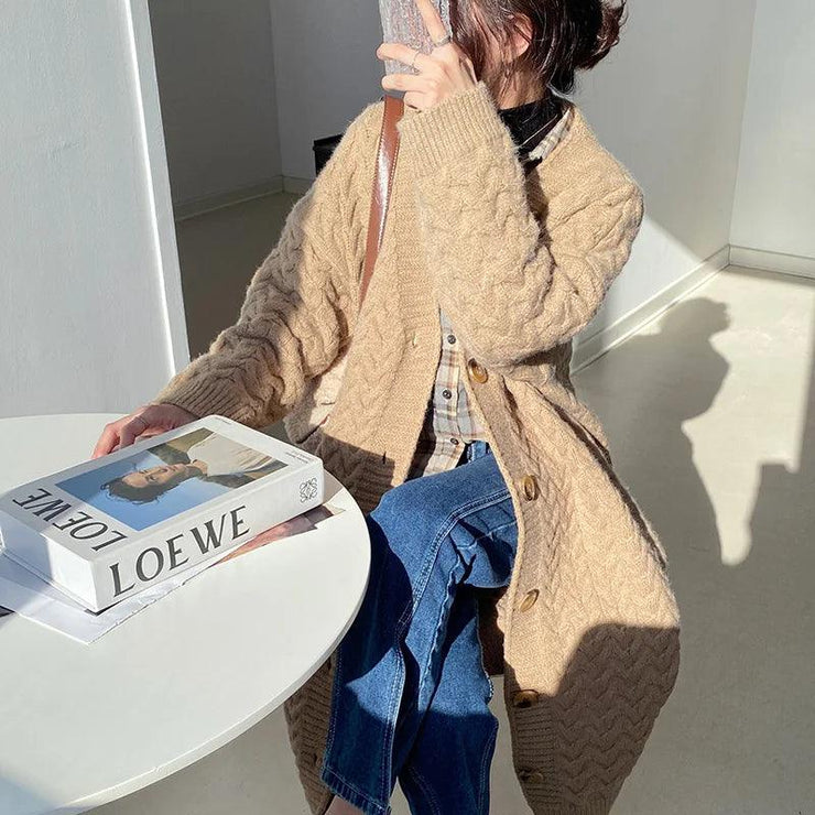 Women Green Rib Thickened Warm Sweater Coat
