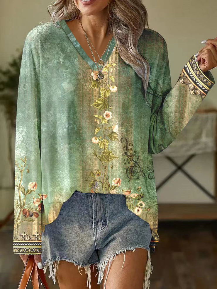 Long-sleeved Loose V-neck Blouse